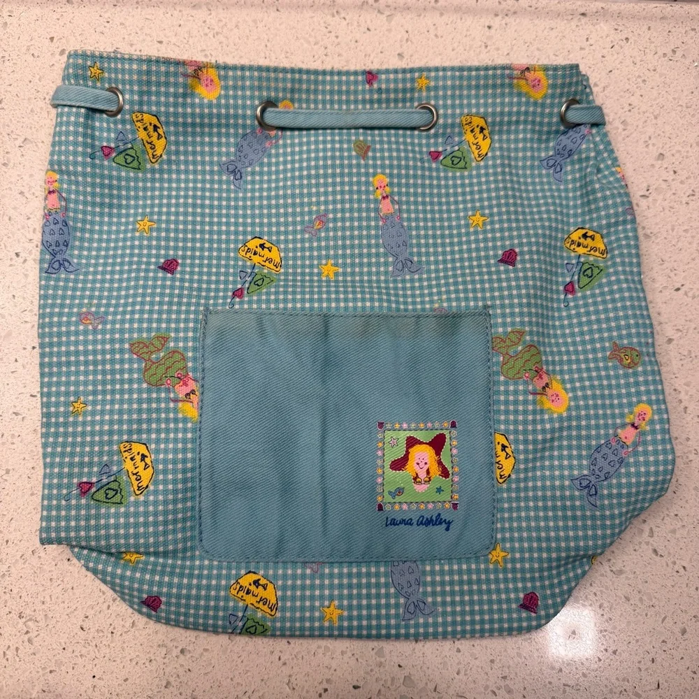 Laura Ashley Blue Gingham Drawstring Bag